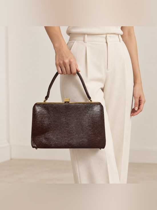 The Unbranded Brand Handbags - Vintage Brown Lizard Embossed Structured Top Handle Frame Handbag Gold Tone